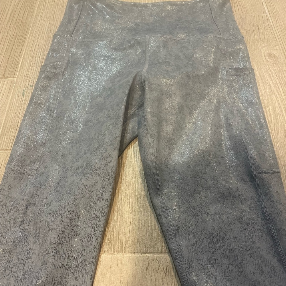 Gray Shimmer Zyia Leggings with floral pattern